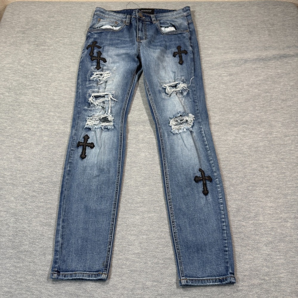 Victorious Jeans Men 30x30 Blue Denim Slim Distressed Ripped Cross Patch